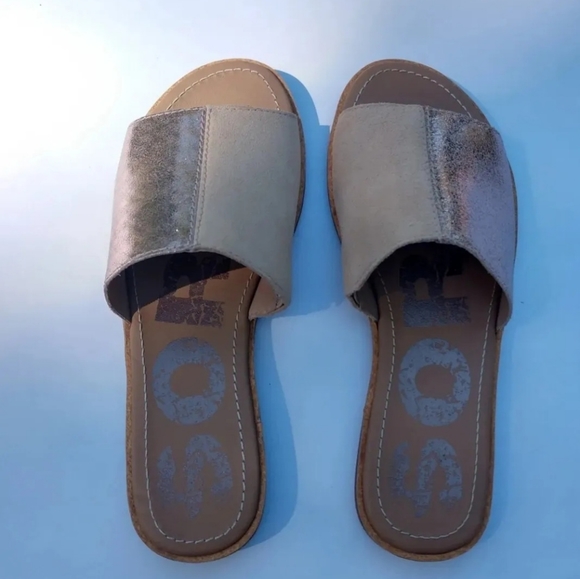 Sorel Ella Block Natural Tan Metallic Slide Sandals Women’s Size 7.5 - Picture 2 of 4
